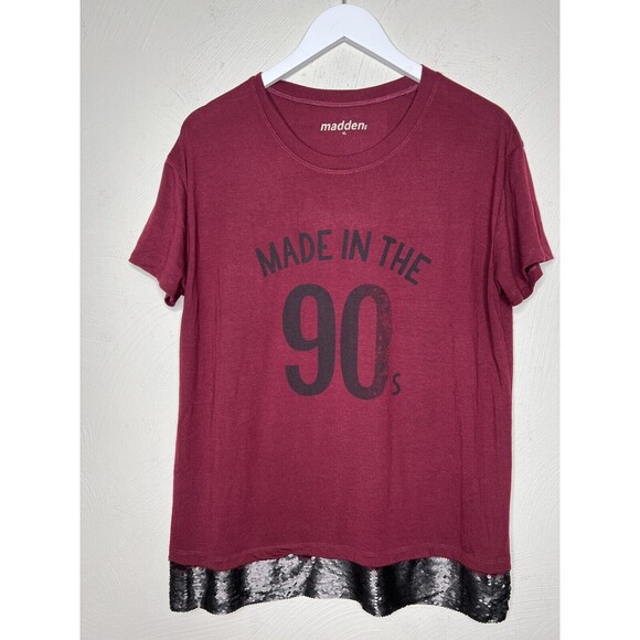 Steve Madden NYC Women's Burgundy Graphic T Shirt Top Sequined Hem XL - Picture 1 of 9